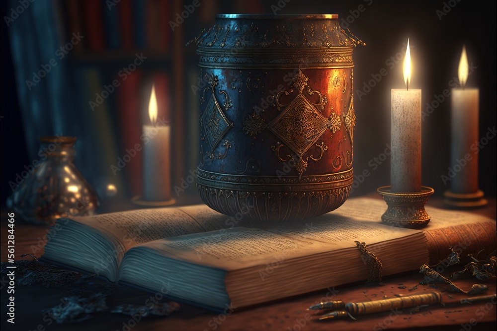 Poster a book with a candle and a candle holder on a table with a book and a candle in it and a few other c
