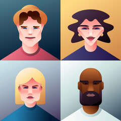 Set of vector geometrical people faces' avatars. Male and female flat trendy portraits for social media design. 