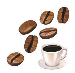 Watercolor roasted brown coffee beans and coffee cup. Natural hand-drawn illustration isolated on white background. Perfect food menu, concept for cafe, restaurant element, recipe, cooking graphics