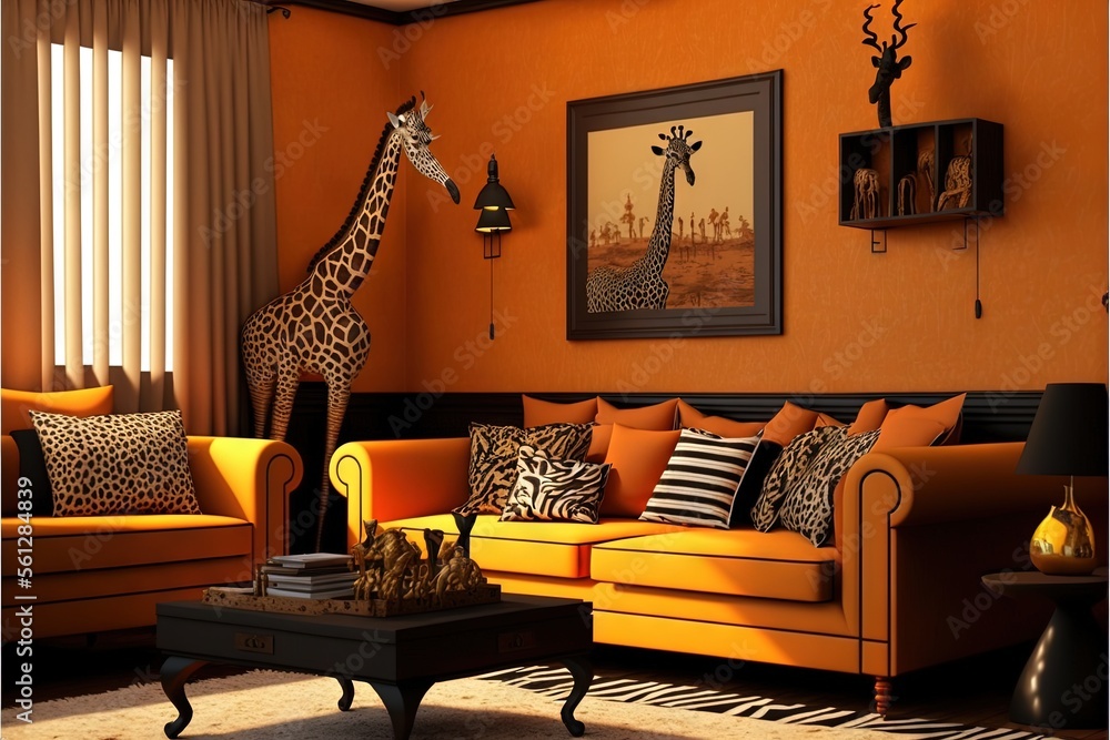 Poster a living room with a giraffe standing next to a couch and a coffee table in front of a window with c