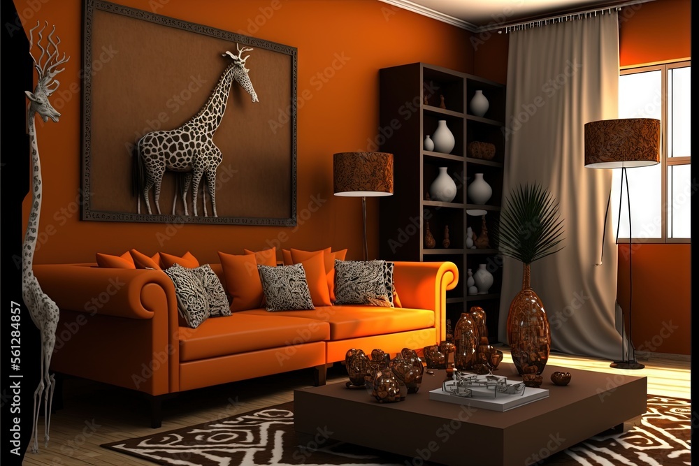 Poster a living room with a giraffe painting on the wall and a couch in the middle of the room with a coffe