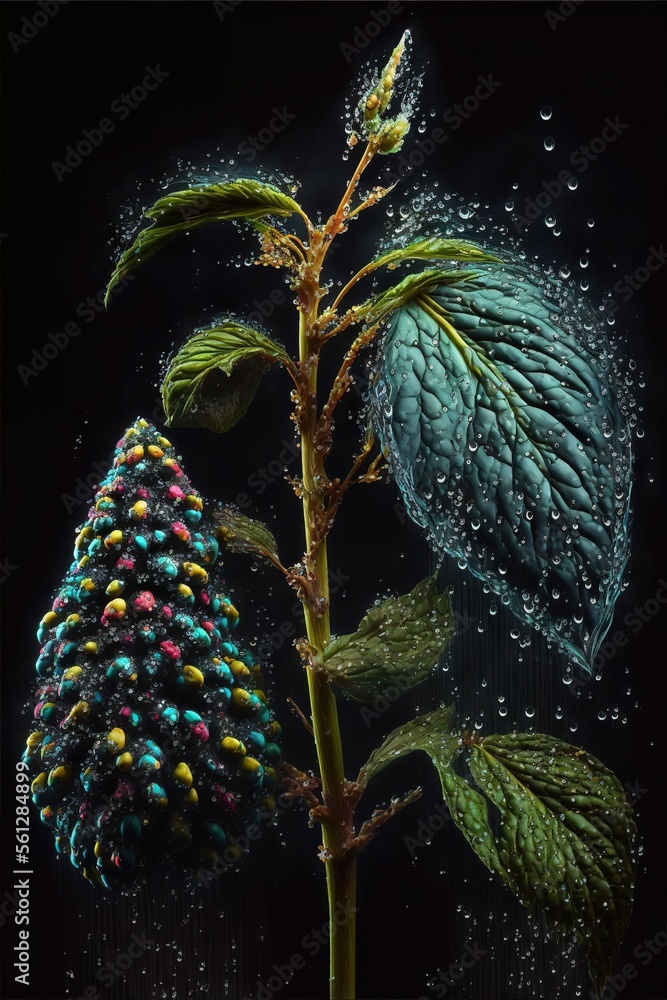 Poster a flower with water droplets on it and a green leaf on the stem with a blue flower in the background