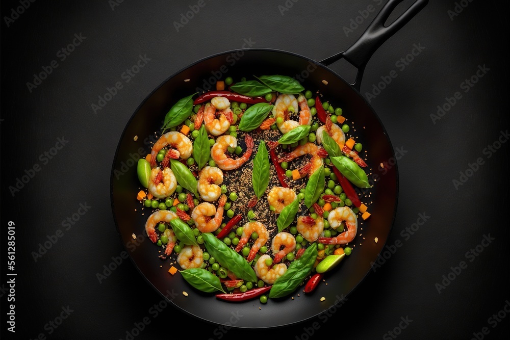 Poster a pan filled with shrimp and vegetables on a table top with a spoon in it and a black background wit
