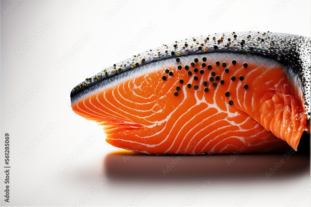 Poster a piece of fish with black dots on it's skin and a white background with a white background and a wh