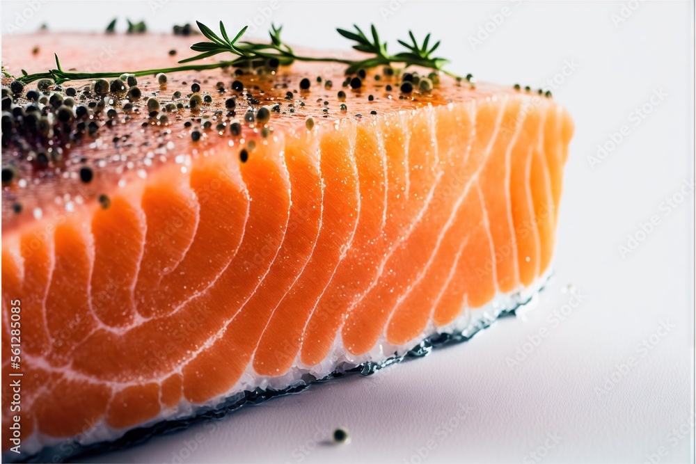 Poster a piece of salmon with a sprig of rosemary on top of it on a white surface with a white background a