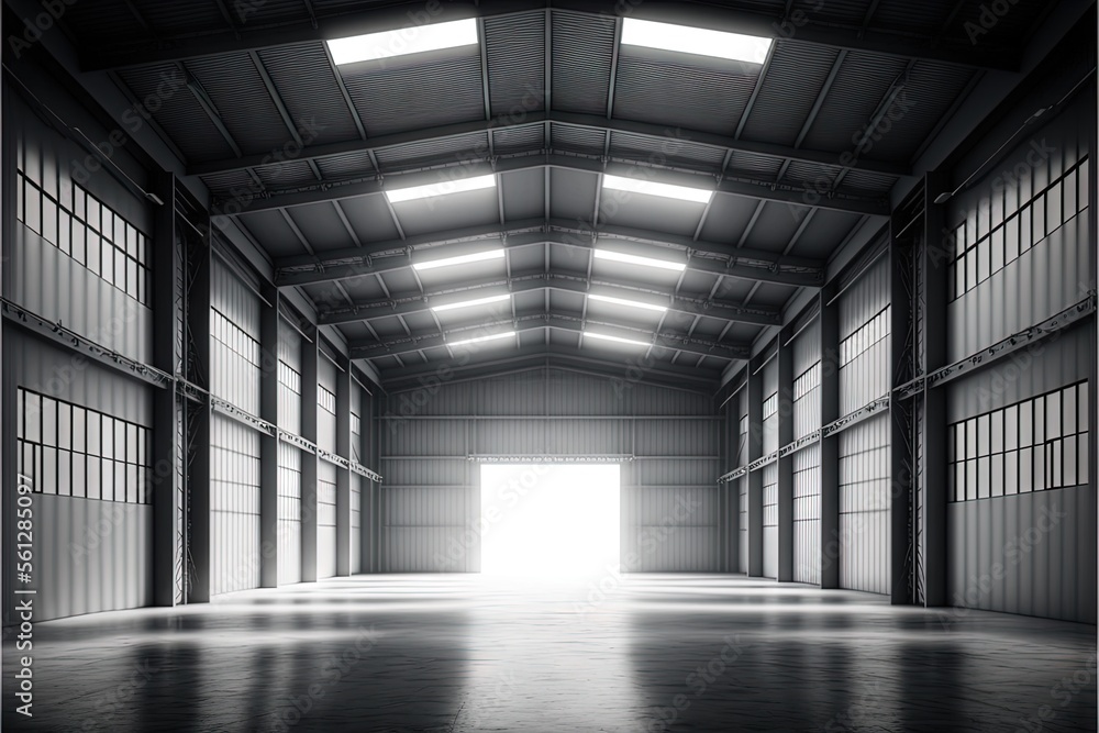 Aufkleber a large empty warehouse with a bright light coming through the windows and a door leading to another