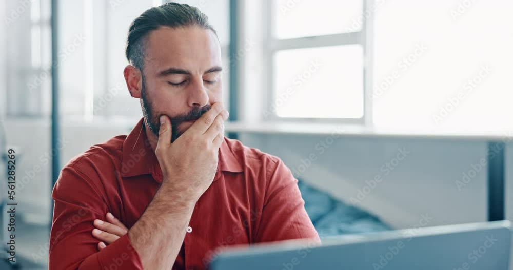 Poster thinking, tired and business man working on a computer feeling stress from engineer job. digital, of