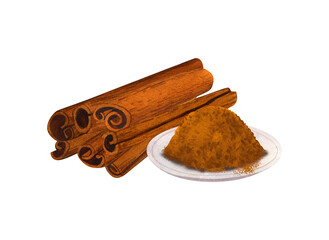 Watercolor cinnamon sticks and ground spice. Hand-drawn illustration isolated on white background. Perfect concept for cafe, cinnamon for cooking and confectionery, restaurant, menu, cards