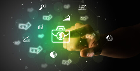 Businessman finger touching on screen multimedia interface with hand drawn currency icons