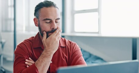 Thinking, tired and business man working on a computer feeling stress from engineer job. Digital, office laptop and engineering anxiety of a employee with fatigue planning a online tech project