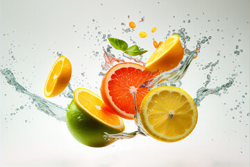 Citrus fruit lemon, lime, orange, grapefruit splashes in water, Generative AI © Nevereski