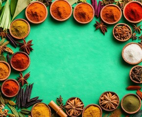 various spices and herbs on a black background. top view.