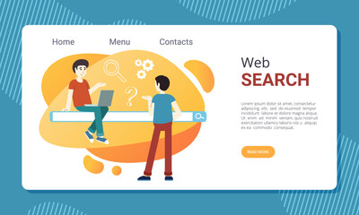 landing. web page template with people sitting on search bar frame. Vector template with place for text