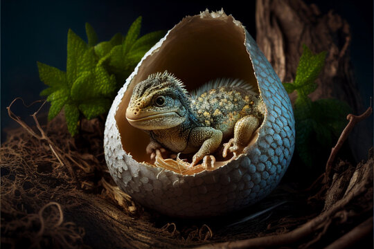 Newborn baby dragon in an egg. AI generated.
