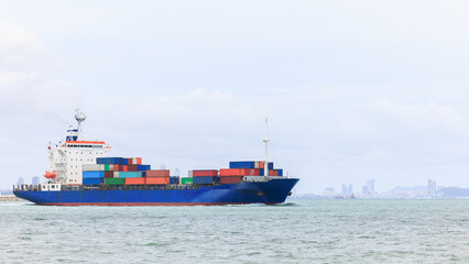 container ship transporting cargo logistics import export goods international around the world including Asia Pacific and Europe, global business and industry delivery 