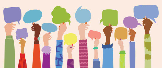 Generally speaking, an agreement or affair occurs between a group of colleagues or collaborators. A set of arms and hands holding a speech bubble.