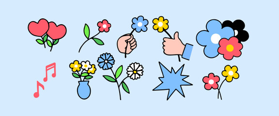 Set of cute vector flower stickers for daily planner and diary. Collection of scrapbooking design elements.