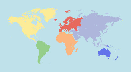 Fototapeta na wymiar Colorful World Continent Map. Africa America Asia Australia Europe Continents