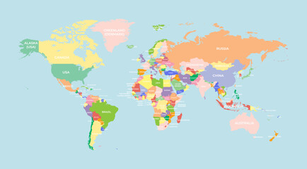 Fototapeta na wymiar Colorful Detailed World Map with Country Names. Colorful Silhouette World Map