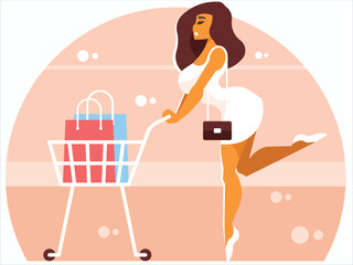 Shopping. Girl with supermarket cart. A woman with a women's bag on her shoulder is pushing a trolley full of shopping bags. Vector graphics