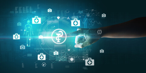 Doctor hand pressing futuristic health device with medical symbol on screen