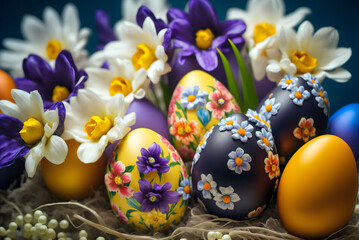 Obraz na płótnie Canvas Spring Flowers and Easter Eggs: A Festive and Colorful Combination, Generative AI