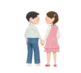 A 3D illustration of a boy and a girl holding hands and looking at each other from behind.