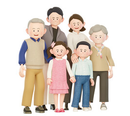 A 3D Illustration of Six Large Families Looking to One Side with a Smile