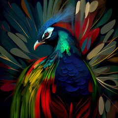 Fototapeta premium Beautiful peacock illustration. Peacock feather on black