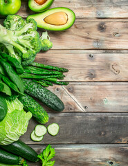 Green food. variety of organic fruits and vegetables.