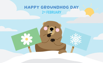 Groundhog Phil on his snowy burrow choosing between spring and winter. Sun hidden by clouds. Groundhog Day greeting banner on 2 February.