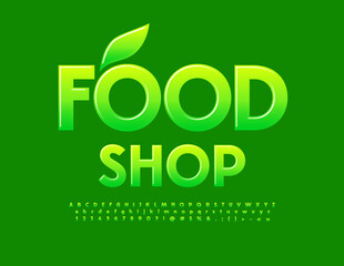 Vector advertising Signboard Food Shop. Green Glossy Font. Artistic Alphabet Letters, Numbers and Symbols set