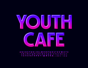 Fototapeta na wymiar Vector modern poster Youth Cafe. Bright glossy Font. Creative Alphabet Letters and Numbers.