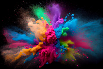 Fototapeta na wymiar Colorful starch and dye powder dust exploding in Holi day. Generative AI