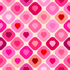 Diagonal checkered square pattern with pink and red tone color of the hearts. Abstract geometric seamless pattern background. Pink hearts, valentine's day concepts