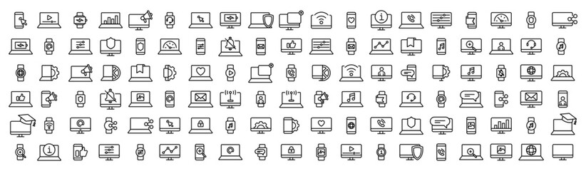 Set of smart devices and gadgets. Device web icons. Flat line device icons. Computer, laptop, smartphone, smartwatch vector icons. Device and technology line icon set.