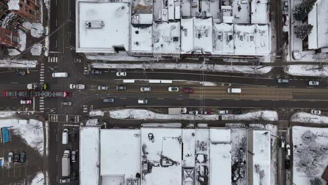 Aerial cinematic bloor st keingsinton market Toronto winter TTC streetcar 4