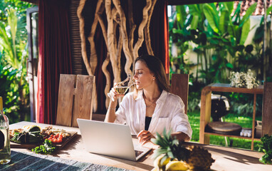 Skilled freelance copywriter drinking aperitif beverage during brunch time at house terrace - digital nomad concept, Caucaisan female IT professional with modern netbook device taste white wine