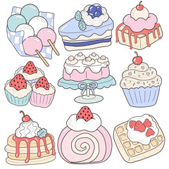 Set of sweets, cakes, pastel colors