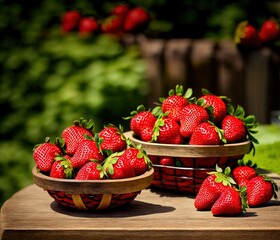 fresh strawberries in a basket on a wooden background