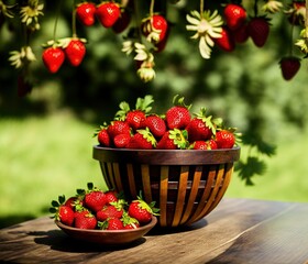 fresh strawberries in a basket on a wooden background