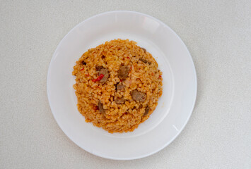 From traditional delicious Turkish cuisine; Bulgur pilaf with meat (Turkish name; etli bulgur pilavi)