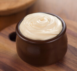 Mayonnaise. Homemade healthy mayonnaise sauce, soft cream. Healthy food ingredients, recipes, salad dressing. 