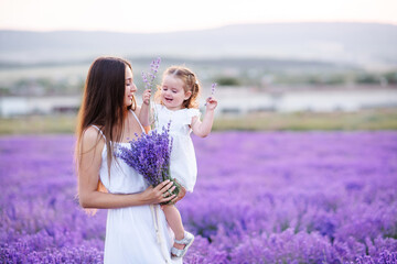 Smiling happy mother holding child girl daughter pick up lavender flower walk in blooming meadow...
