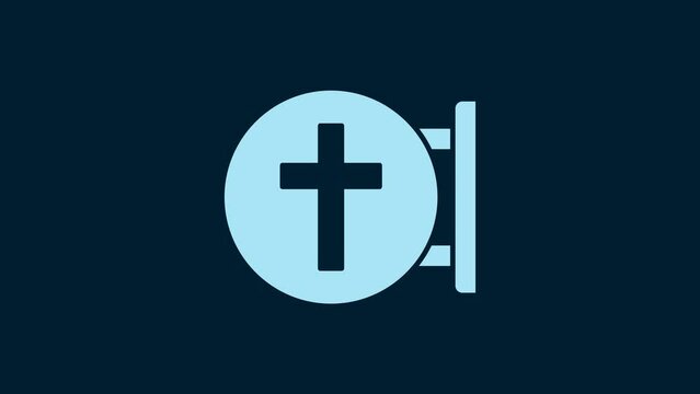 White Christian cross icon isolated on blue background. Church cross. 4K Video motion graphic animation