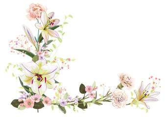 Angled frame with lilies, carnation and spring blossom. Template for Mothers Day or wedding invitation. Gentle realistic illustration in watercolor style on white background. A3, vintage, vector