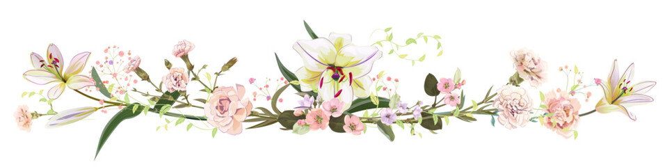 Panoramic view: bouquet of carnation, lilies, spring blossom. Horizontal border: light flowers, buds, leaves on white background. Realistic digital illustration in watercolor style, vintage, vector
