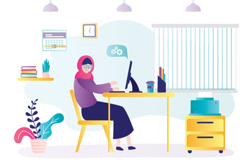 Arabic female employee at workplace. Muslim businesswoman working. Workspace, office room interior with furniture. Woman worker in traditional hijab work remotely.