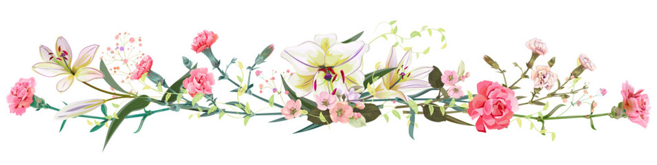 Panoramic view: bouquet of carnation, lilies, spring blossom. Horizontal border: light flowers, buds, leaves on white background. Realistic digital illustration in watercolor style, vintage, vector