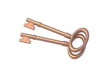 Vintage keys isolated on white background. Top view. 3d render